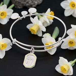 🩶ALEX AND ANI🩶March Jonquil Flower Charm Bangle in Shiny Silver w/Gift Box/NWOT